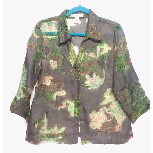 Bamboo traders blouse FLAX BLEND Size M gray green collared button up semi-sheer - Picture 1 of 8